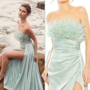 Mac Duggal 11690 Size 8 Green Strapless‎ Feather Satin Long Maxi Dress Gown